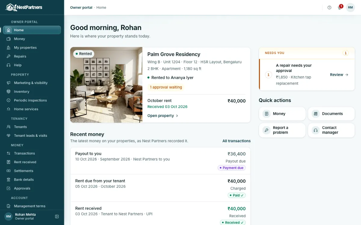 Owner portal on a computer: navigation for money, properties, repairs, inspections and tenancy, the property card with its photo, an item waiting for the owner, and recent money.