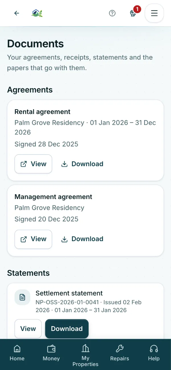 Owner portal Documents page: the rental and management agreements with their dates, to view or download.