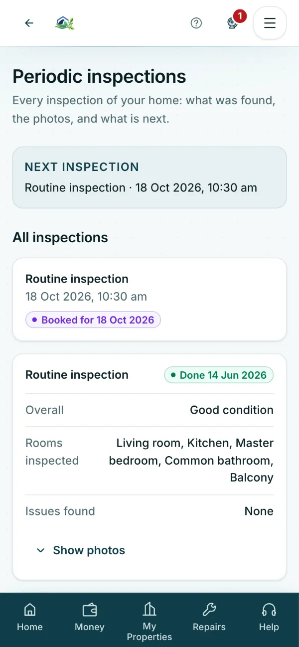 Owner portal inspections: the next routine inspection booked, and the last one completed in good condition with the rooms inspected and photos.