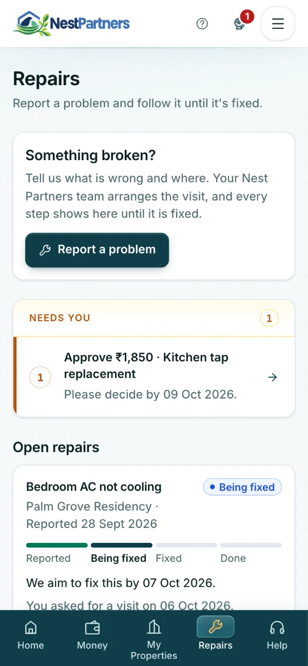 Owner portal Repairs page: open repairs with their progress from reported to fixed, the planned visit and who pays.