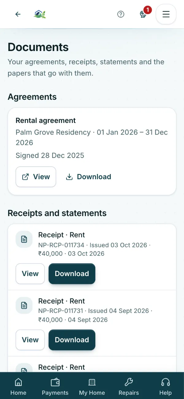 Tenant portal Documents page: the rental agreement to view or download, and rent receipts and statements.
