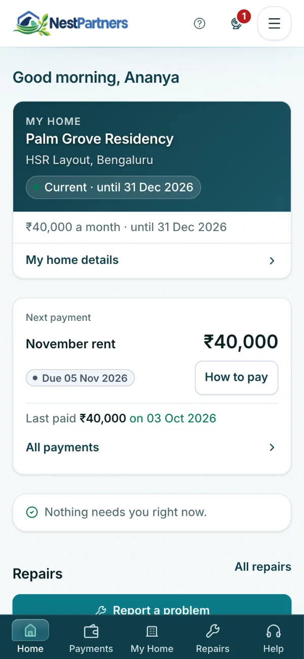 Tenant portal Home on a phone: the current home and tenancy dates, next month's rent with how to pay, and the last payment received.