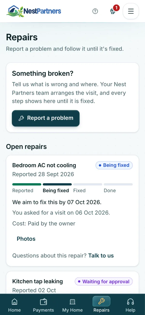 Tenant portal Repairs page: a button to report a problem and open repairs tracked from reported to fixed, with the visit date and who pays.